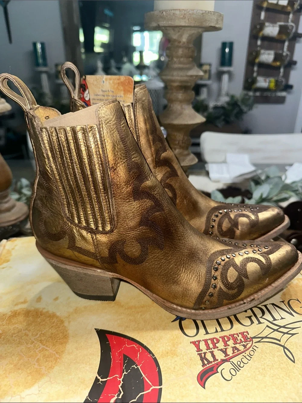 Old Gringo Golden Metallic Western Ankle Boots with Stud Detail